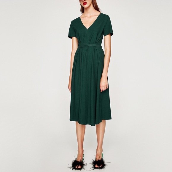 zara green belted dress